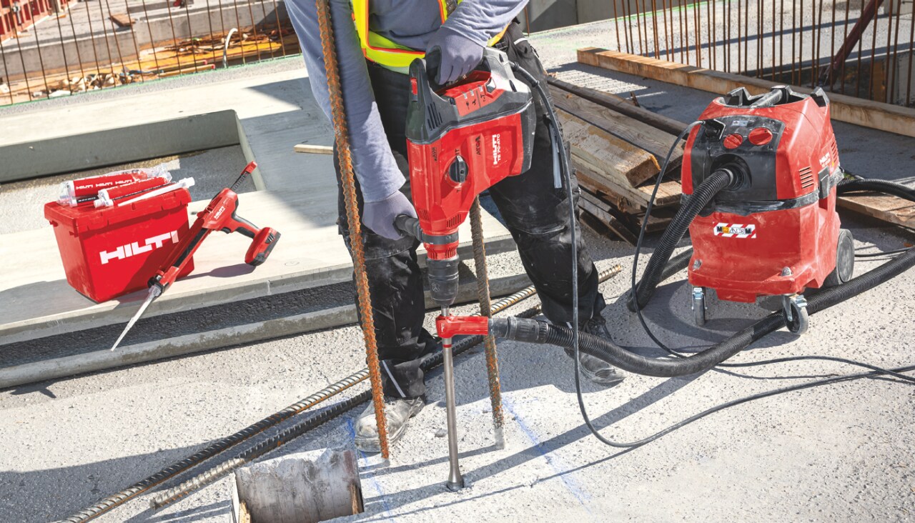 SafeSet installation of post-installed rebar using the TE 70-ATC/AVR SDS Max (TE-Y) rotary hammer, a hollow drill bit and HIT-HY 200-R V3 mortar