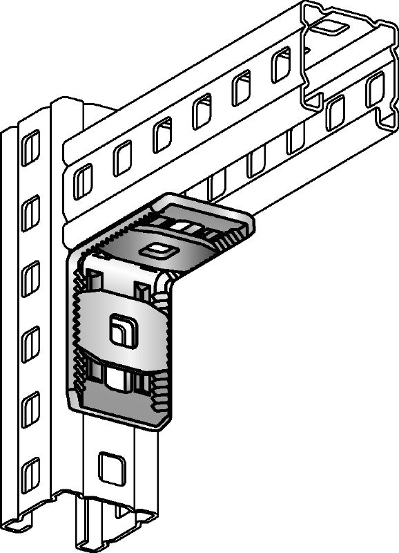 MC-AH-90 OC-A Galvanised, adjustable angle connector for the 90-degree attachment of MC-3D channels to one another outdoors Applications 1