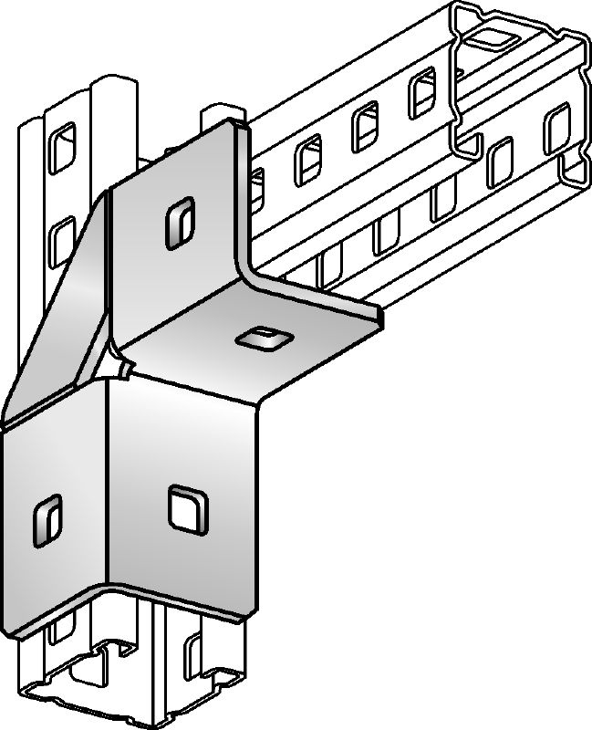 MC-A-90 OC-A Hot-dip galvanised (HDG) angle connector for 90-degree attachment of MC-3D channels to one another with higher load requirements outdoors